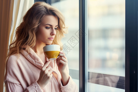 家居喝咖啡的外国女子图片