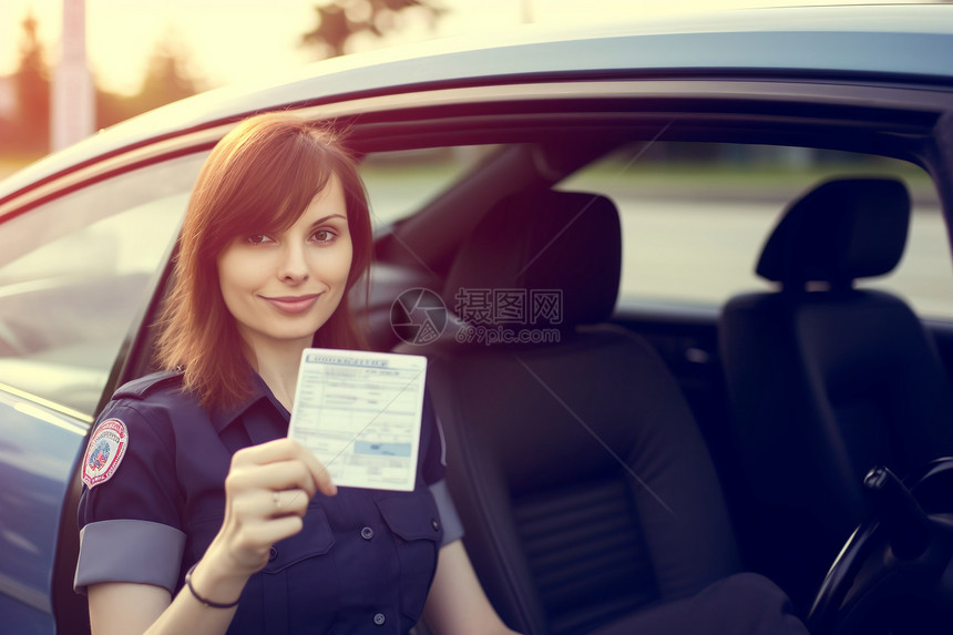 :汽车驾驶证件的外国女子图片