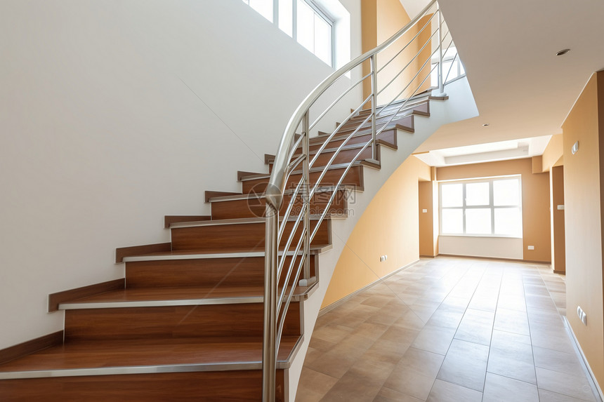 棕色的楼梯和不锈钢扶手图片