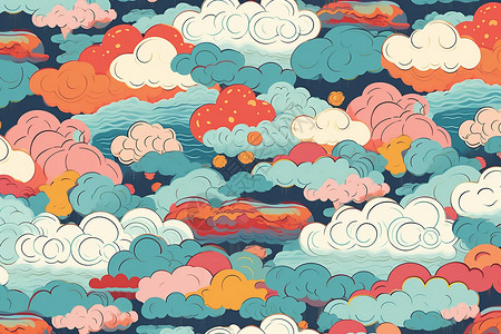多彩国潮无缝多彩的云图案插画