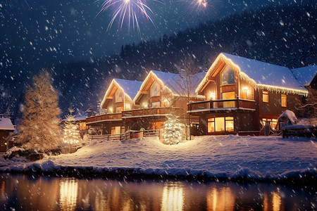 烟花房子素材雪天下的圣诞节庆祝背景