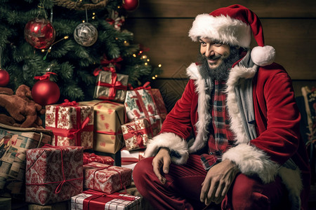 坐礼物旁的圣诞老人图片