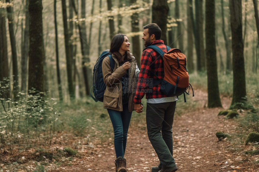 户外森林徒步旅行的情侣图片