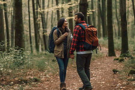 户外森林徒步旅行的情侣图片