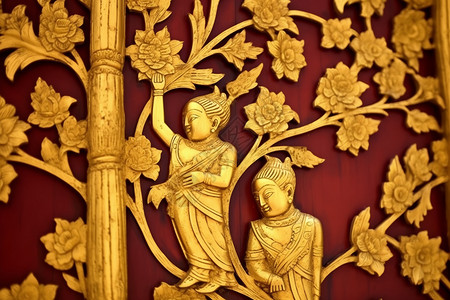 传统佛教建筑的黄金门雕像图片