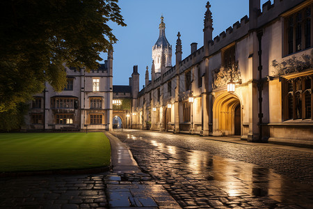 夏季夜晚剑桥大学建筑的景观背景图片