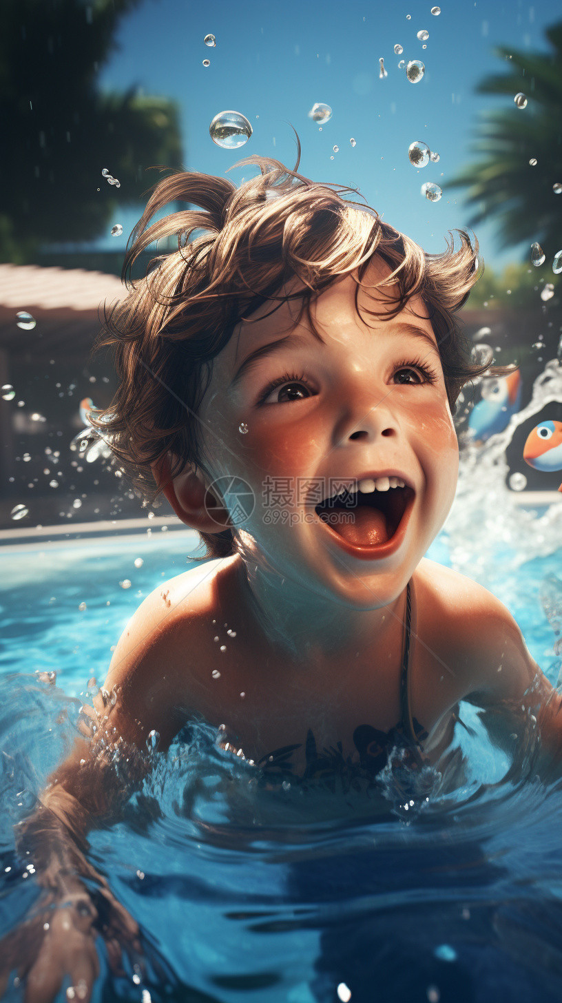 在游泳池里玩耍的小男孩图片