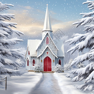雪中白色教堂森林中的教堂插图插画