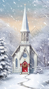 雪中白色教堂圣诞节白色教堂创意插图插画