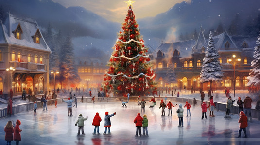 创意溜冰鞋广场上的大型圣诞树插图插画