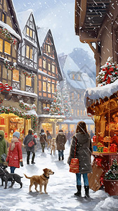 卡通风格圣诞节的城镇街道景观图片