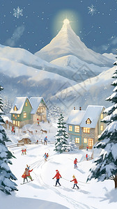 雪山中滑雪的创意插图图片