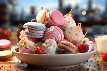 树莓甜品一碗美味的马卡龙设计图片