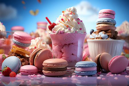 美味奶油冰淇淋美味的马卡龙和冰淇淋设计图片