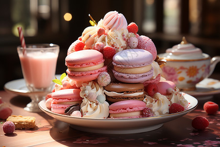 树莓甜品马卡龙的甜点世界设计图片