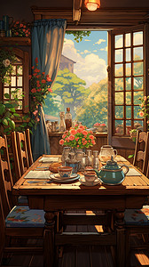 鲜花餐厅夏季宁静的餐厅插画