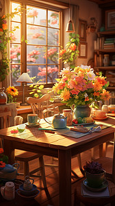 餐桌鲜花温馨的厨房餐厅插画