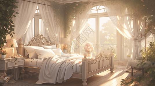 古典家装浪漫卧室的创意插图插画