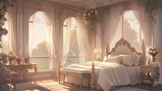 古典家装古典浪漫的卧室动画插图插画
