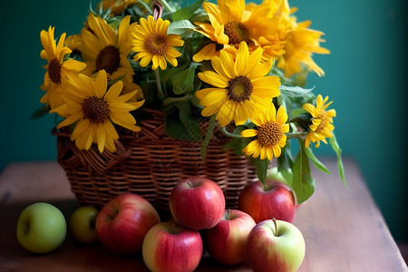 桌上的向日葵和苹果背景图片