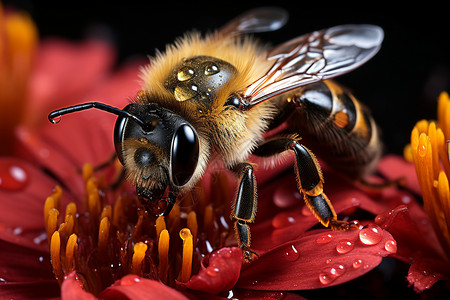 靠近花瓣上的蜜蜂背景图片