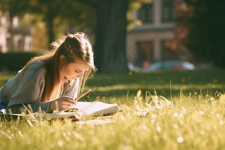 草地上读书的女孩图片