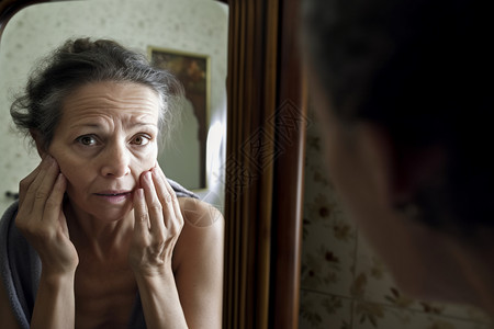 镜子前沮丧的中年妇女图片