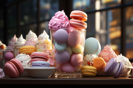 甜美冰淇淋马克龙奶油甜品杯设计图片