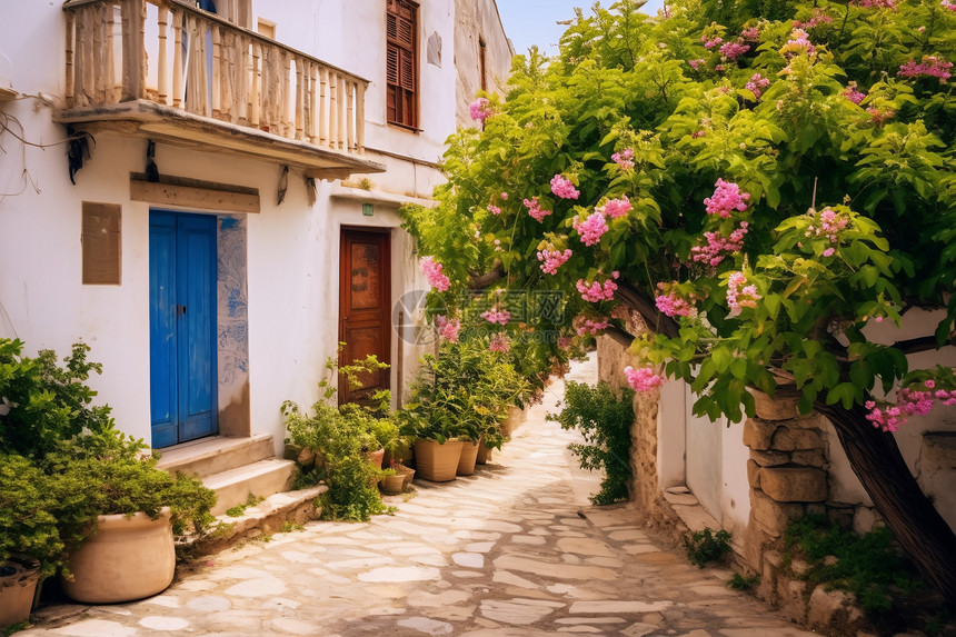 夏季美丽的地中海乡村街道图片