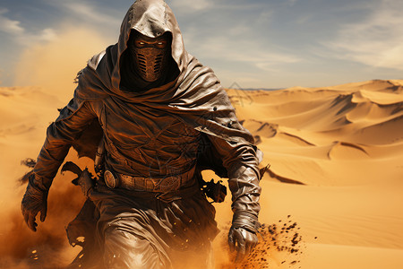 沙尘天气逆风行走沙漠中的盔甲战士设计图片