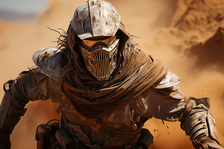 沙尘天气逆风行走穿越沙漠的盔甲战士设计图片