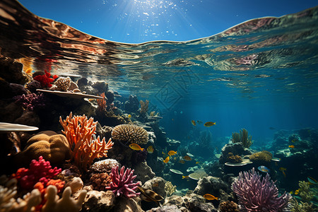 深海中美丽的珊瑚礁和鱼群图片