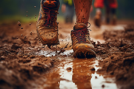 越野跑者的泥泞鞋子图片