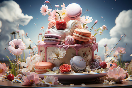 彩色盘子令人愉快的马卡龙甜点世界设计图片