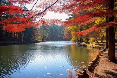 日本枫树美丽的湖水背景