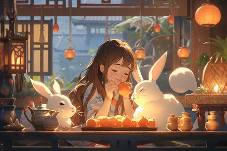 中式月饼中秋节的温馨场景插画