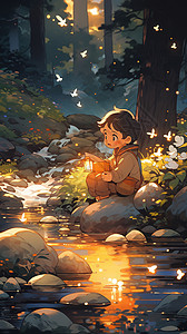 可爱的小男孩坐在河边图片