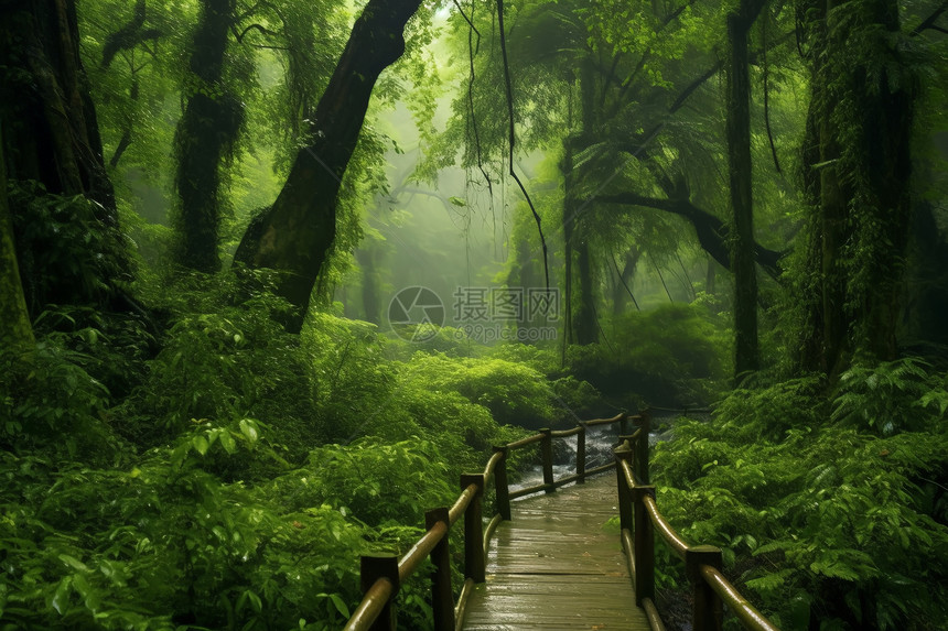 茂密森林中的桥图片