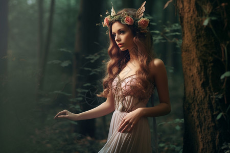 精灵与森林树林里的女孩背景