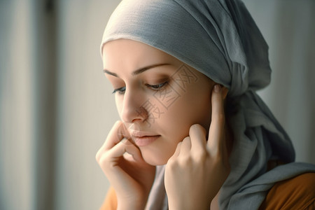 治疗癌症由于癌症化疗没了头发用头巾裹着脑袋的女病人背景