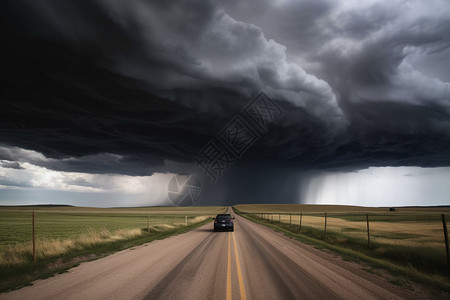极端天气暴风雨乌云下的草原道路高清图片
