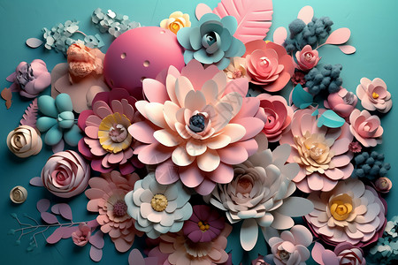 蓝色折纸花卉彩色剪纸花卉设计图片