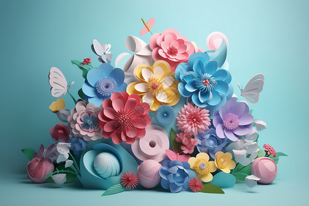 手工花瓶剪纸艺术的花朵设计图片