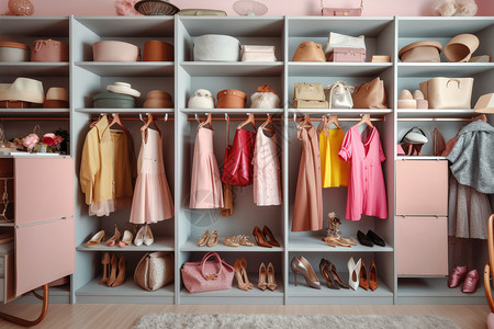 很多鞋子现代女士衣柜背景