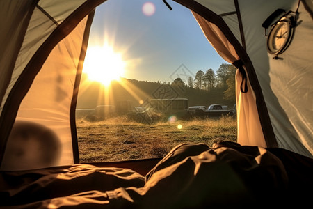 帆布帐篷早晨的露营时光背景