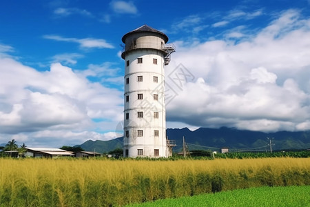 稻田上高耸的观望台背景图片