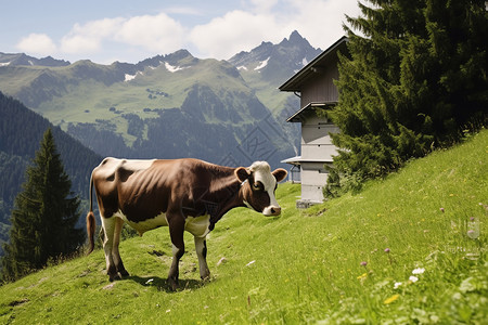 弯曲草地的奶牛图片