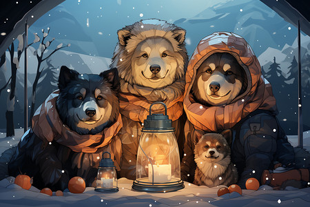 猎犬冬天的一群小狗插画
