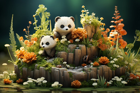 小灌木灌木丛里的熊猫插画