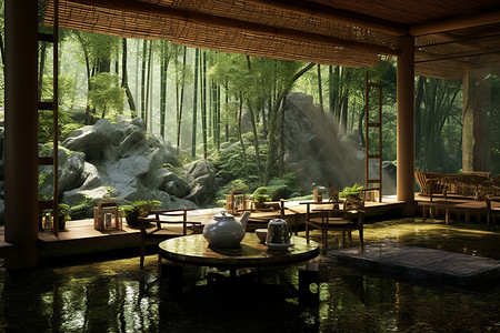 新中式茶馆的宁静背景图片